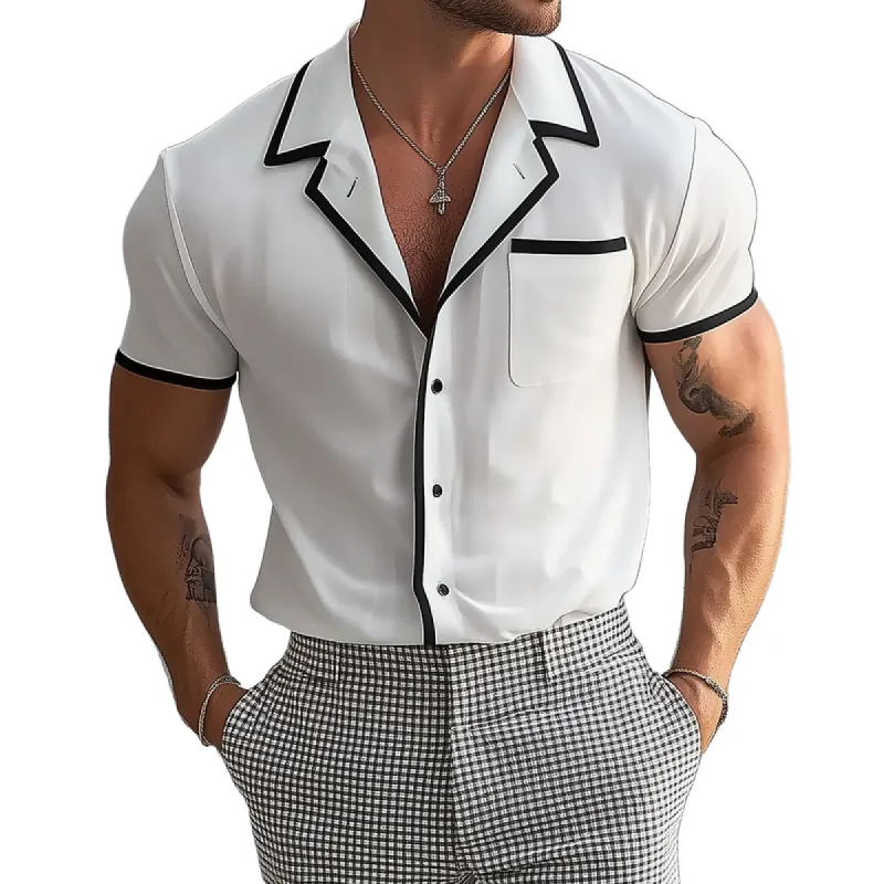 Men's Fashion Black Hemming Lapel Short Sleeve Shirt 23309916Y sold by Manly