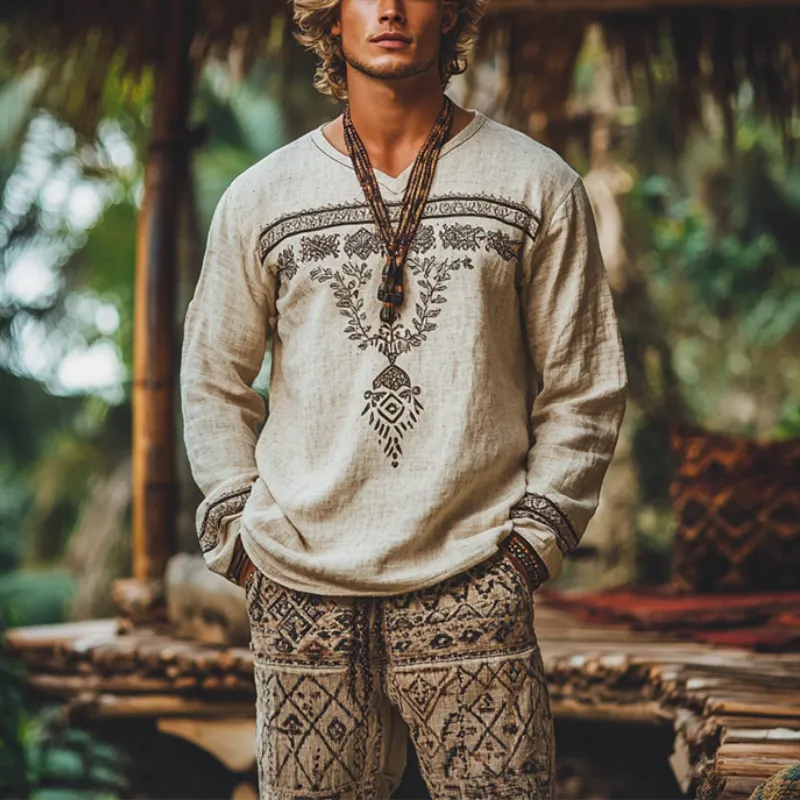 Men's Vintage Embroidery Cotton and Linen V Neck Long Sleeve Shirt 12337540Y sold by Manly product image thumbnail 3