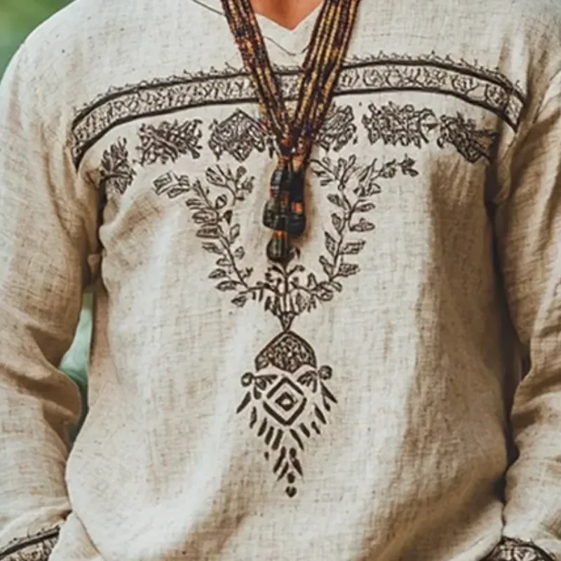 Men's Vintage Embroidery Cotton and Linen V Neck Long Sleeve Shirt 12337540Y sold by Manly product image thumbnail 2