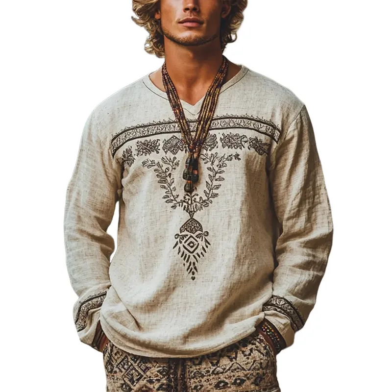 Men's Vintage Embroidery Cotton and Linen V Neck Long Sleeve Shirt 12337540Y sold by Manly
