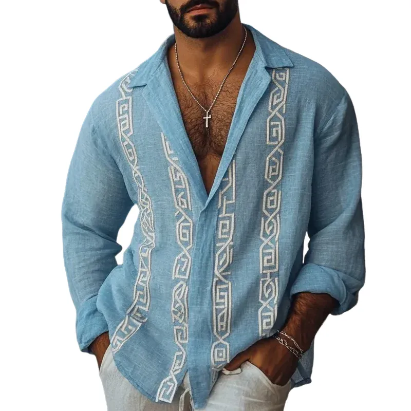 Men's Fashion Embroidery Lapel Long Sleeve Cotton And Linen Shirt 86938947Z sold by Manly