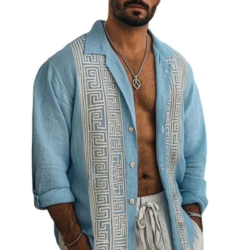 Men's Fashion Embroidery Lapel Long Sleeve Cotton And Linen Shirt 57276684Z sold by Manly