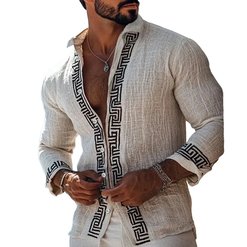 Men's Fashion Embroidery Lapel Long Sleeve Cotton And Linen Shirt 77022286Z sold by Manly