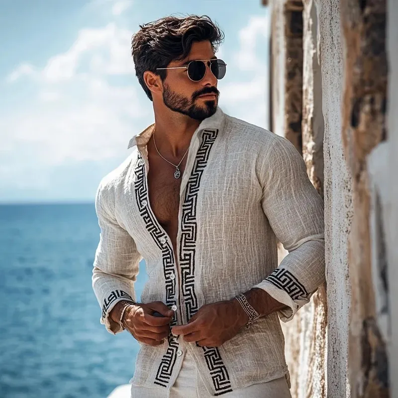 Men's Fashion Embroidery Lapel Long Sleeve Cotton And Linen Shirt 77022286Z sold by Manly product image thumbnail 3