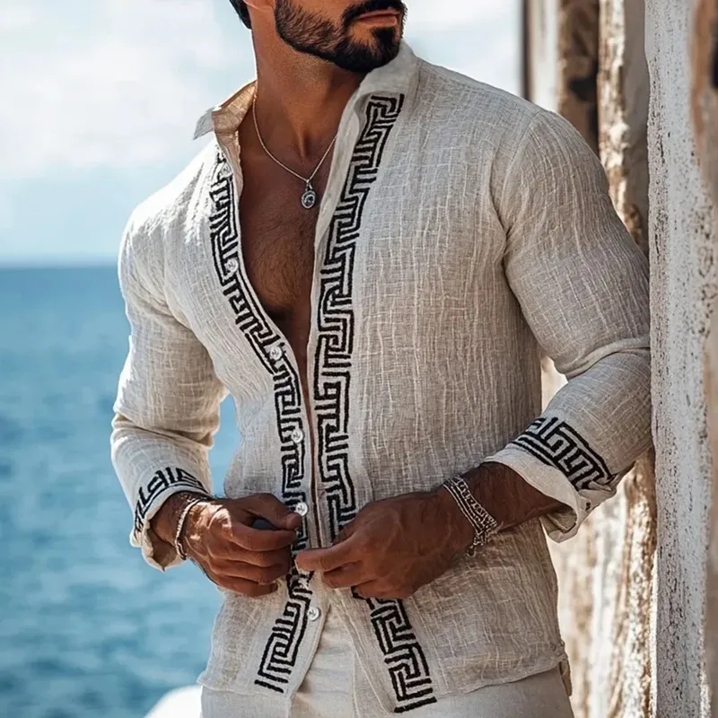 Men's Fashion Embroidery Lapel Long Sleeve Cotton And Linen Shirt 77022286Z sold by Manly product image thumbnail 2