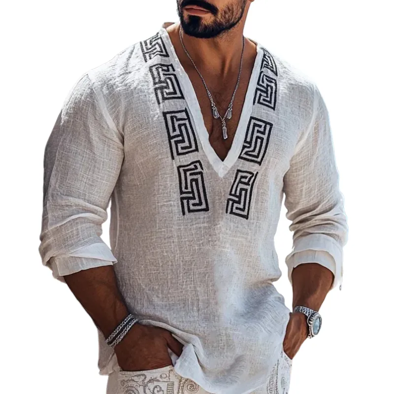 Men's Fashion Embroidery V Neck Long Sleeve Cotton And Linen Shirt 46979618Z sold by Manly