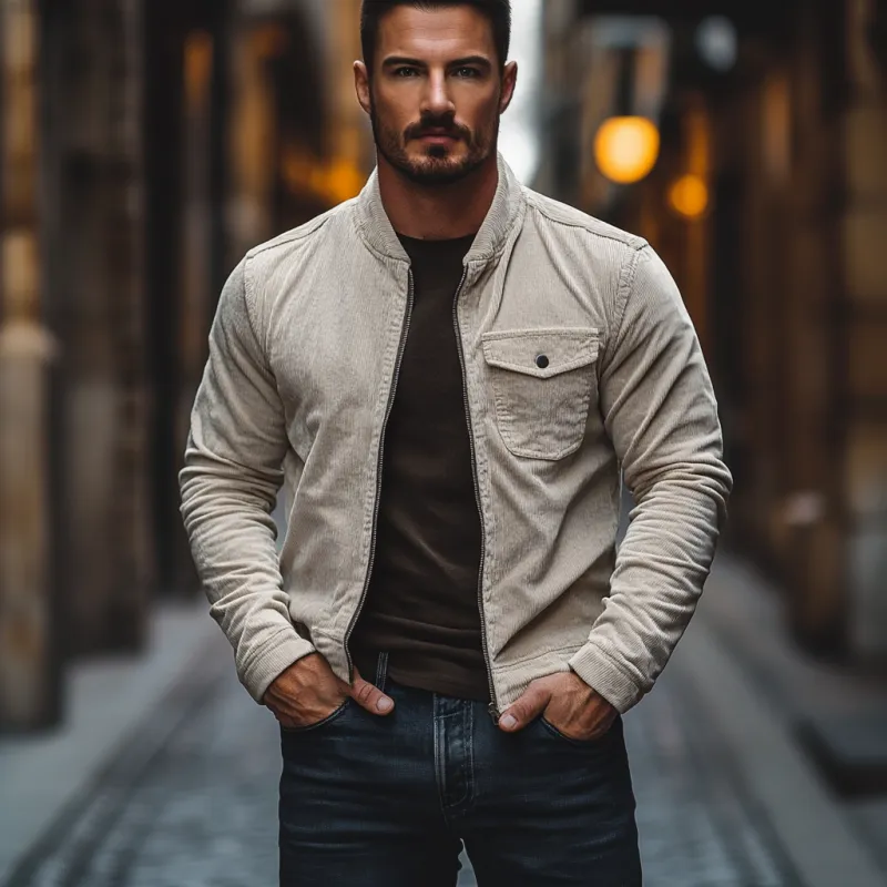 Men's Casual Stand Collar Corduroy Zip-up Slim Shirt Jacket 66807303M sold by Manly product image thumbnail 3