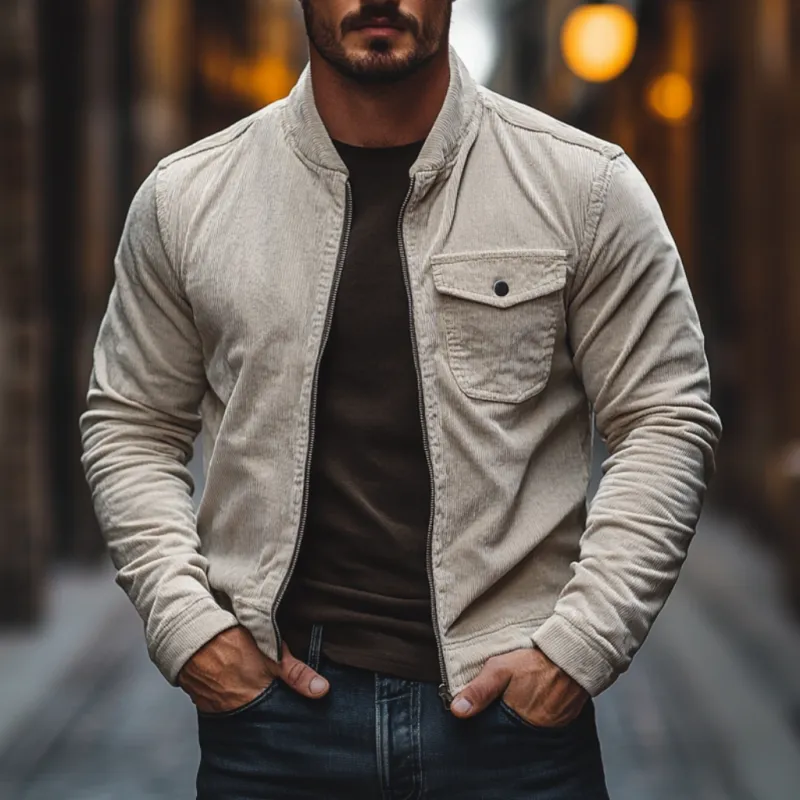 Men's Casual Stand Collar Corduroy Zip-up Slim Shirt Jacket 66807303M sold by Manly product image thumbnail 2