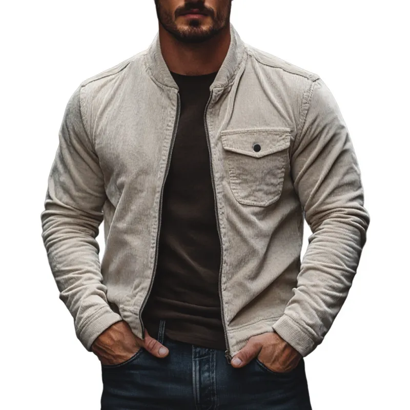 Men's Casual Stand Collar Corduroy Zip-up Slim Shirt Jacket 66807303M sold by Manly