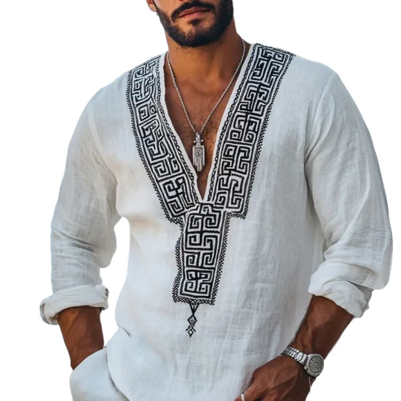 Men's Fashion Embroidery V Neck Long Sleeve Cotton And Linen Shirt 25124458Z sold by Manly