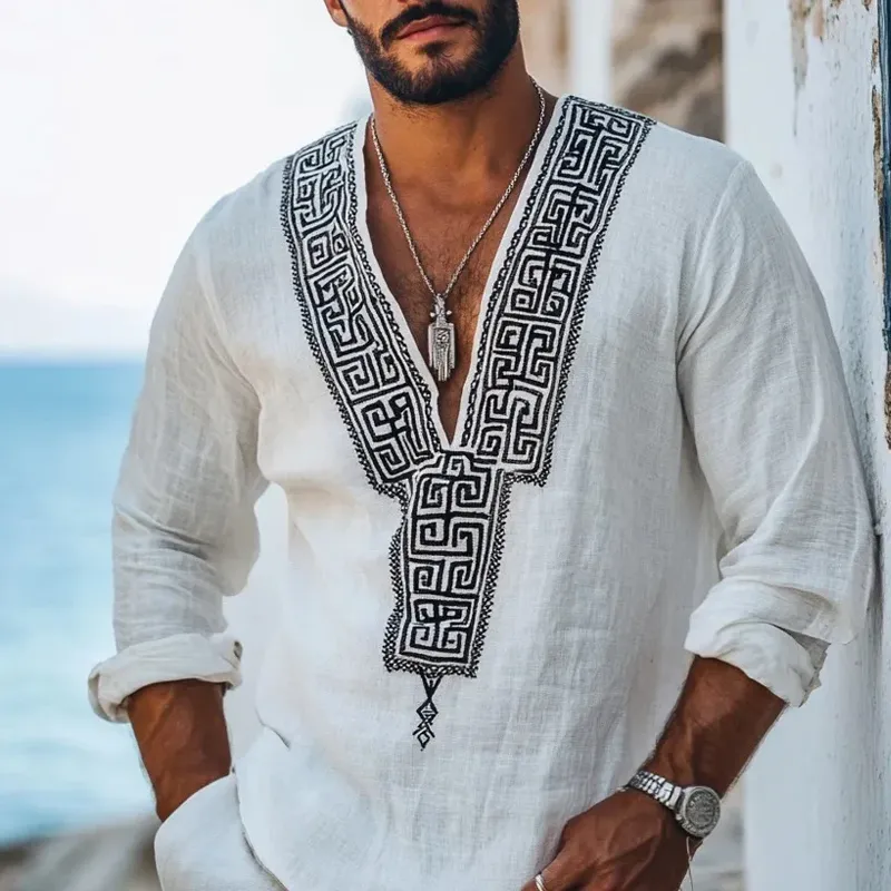 Men's Fashion Embroidery V Neck Long Sleeve Cotton And Linen Shirt 25124458Z sold by Manly product image thumbnail 2