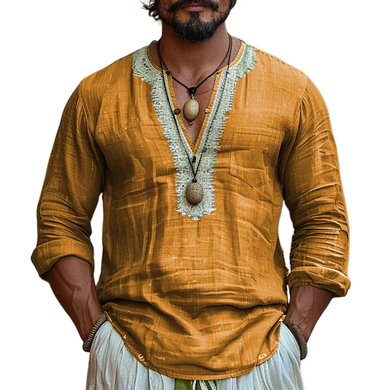 Men's Ethnic Style V Neck Long Sleeve Cotton And Linen Loose Shirt 33570789Z sold by Manly