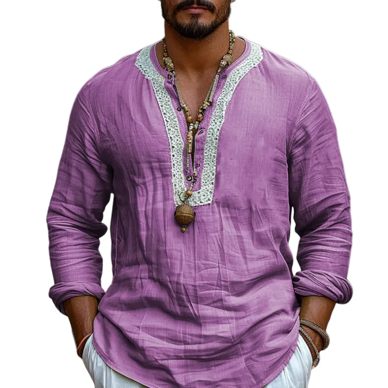 Men's Ethnic Style V Neck Long Sleeve Cotton And Linen Loose Shirt 41554987Z sold by Manly