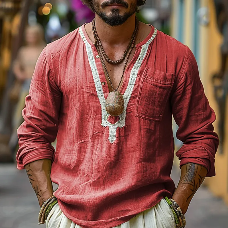 Men's Ethnic Style V Neck Long Sleeve Cotton And Linen Loose Shirt 58430018Z sold by Manly product image thumbnail 2