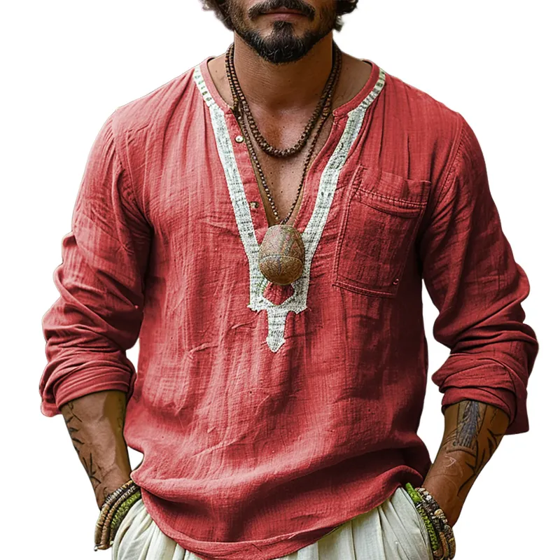 Men's Ethnic Style V Neck Long Sleeve Cotton And Linen Loose Shirt 58430018Z sold by Manly