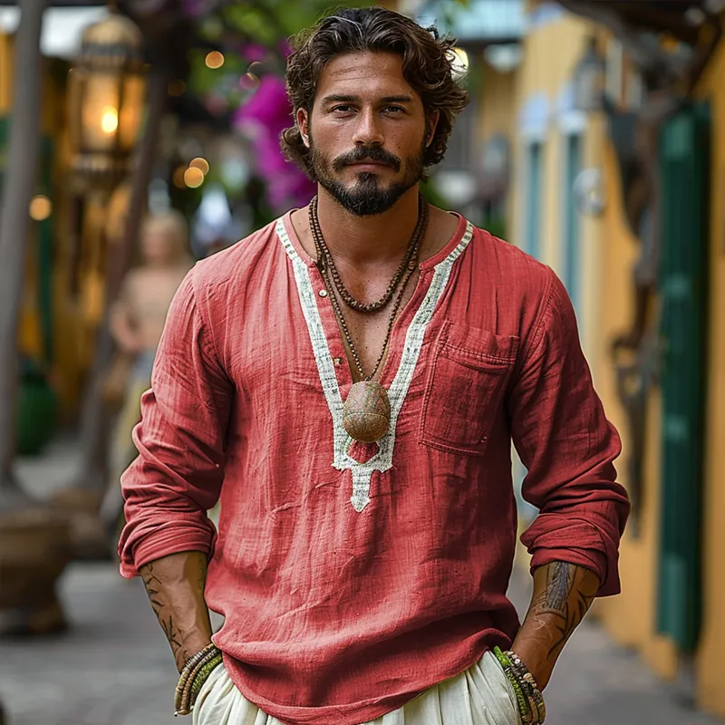 Men's Ethnic Style V Neck Long Sleeve Cotton And Linen Loose Shirt 58430018Z sold by Manly product image thumbnail 3