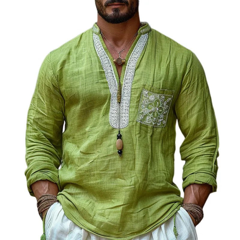 Men's Ethnic Style V Neck Long Sleeve Cotton And Linen Loose Shirt 27818017Z sold by Manly