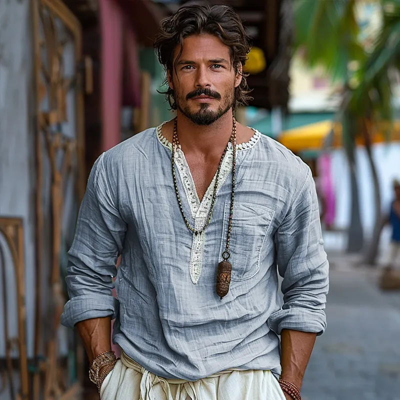 Men's Ethnic Style V Neck Long Sleeve Cotton And Linen Loose Shirt 79091161Z sold by Manly product image thumbnail 3