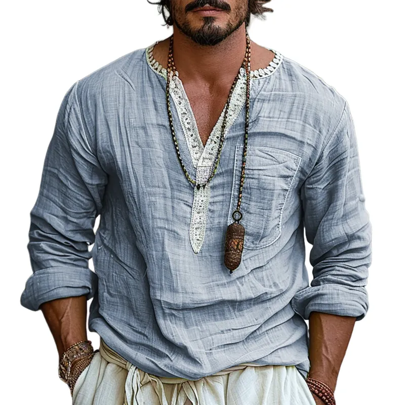 Men's Ethnic Style V Neck Long Sleeve Cotton And Linen Loose Shirt 79091161Z sold by Manly
