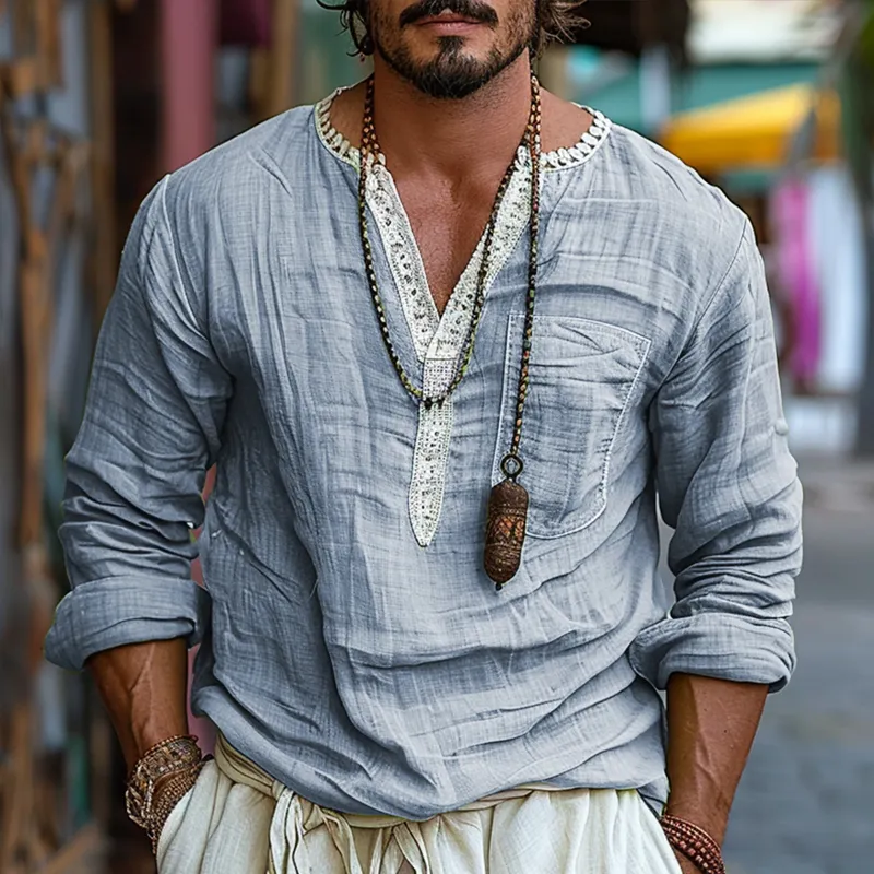 Men's Ethnic Style V Neck Long Sleeve Cotton And Linen Loose Shirt 79091161Z sold by Manly product image thumbnail 2