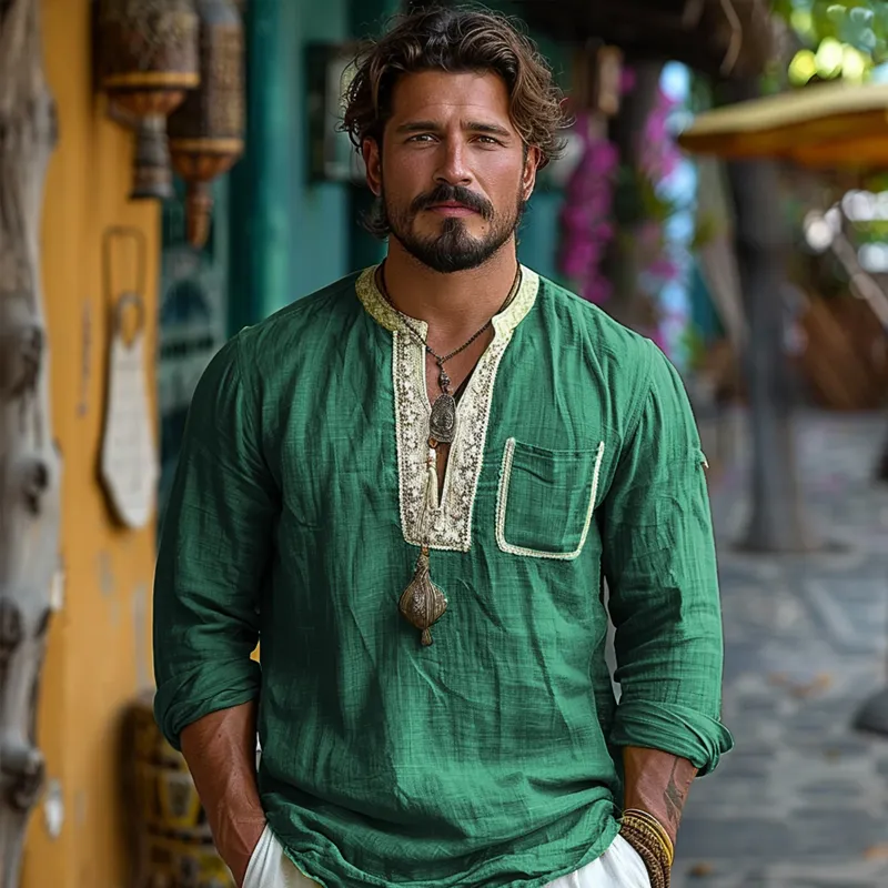 Men's Ethnic Style V Neck Long Sleeve Cotton And Linen Loose Shirt 54201784Z sold by Manly product image thumbnail 3