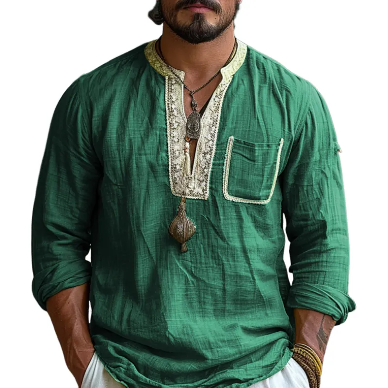 Men's Ethnic Style V Neck Long Sleeve Cotton And Linen Loose Shirt 54201784Z sold by Manly