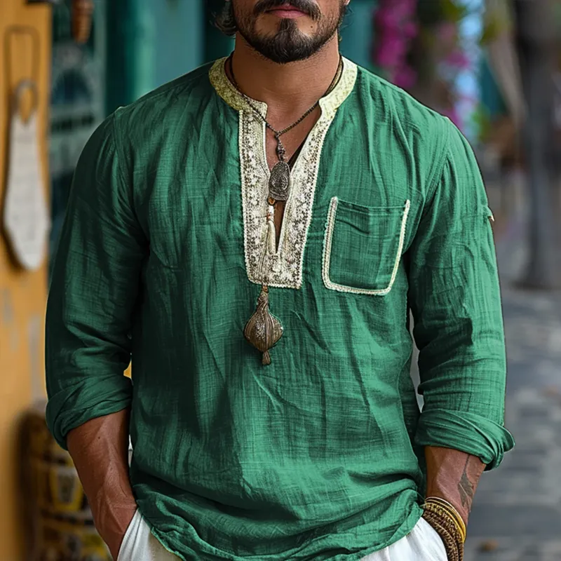Men's Ethnic Style V Neck Long Sleeve Cotton And Linen Loose Shirt 54201784Z sold by Manly product image thumbnail 2