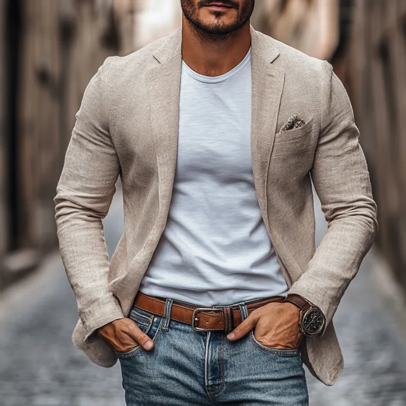 Men's Casual Cotton Linen Notch Lapel Single-breasted Slim-fit Blazer 96691474M sold by Manly product image thumbnail 2