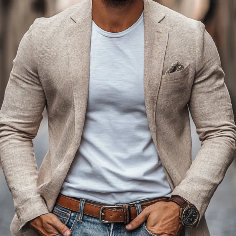 Men's Casual Cotton Linen Notch Lapel Single-breasted Slim-fit Blazer 96691474M sold by Manly product image thumbnail 3