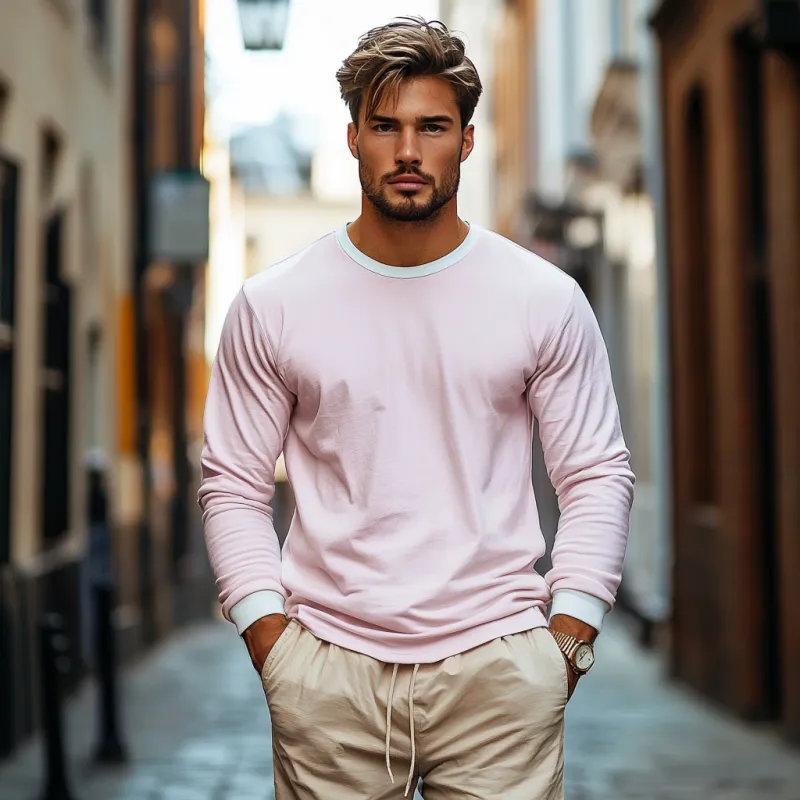 Men's Casual Round Neck Cotton Colorbock Loose Long Sleeve T-shirt 63429893M sold by Manly product image thumbnail 3