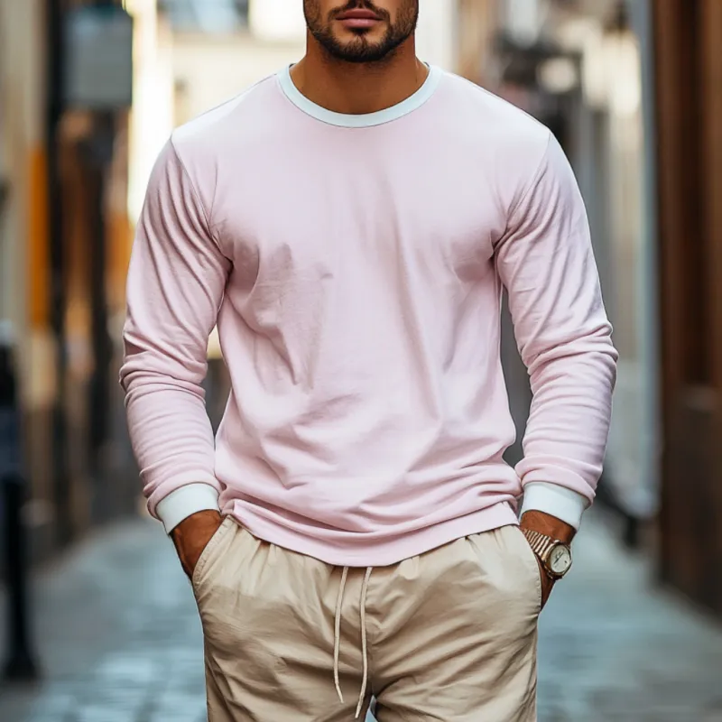 Men's Casual Round Neck Cotton Colorbock Loose Long Sleeve T-shirt 63429893M sold by Manly product image thumbnail 2