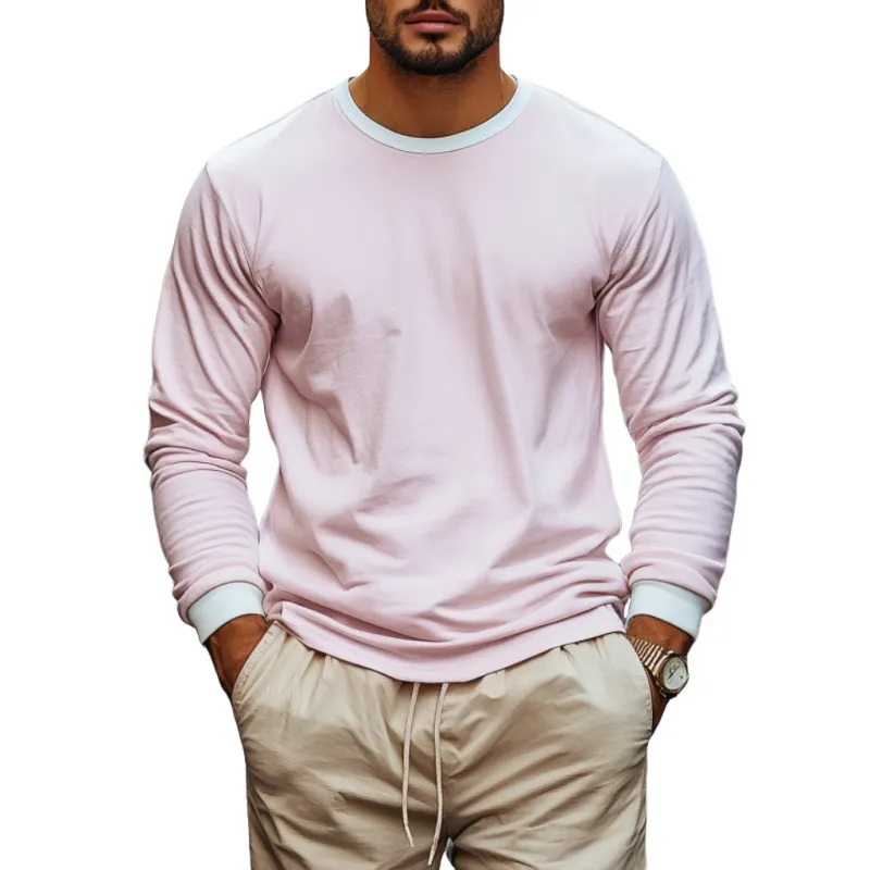 Men's Casual Round Neck Cotton Colorbock Loose Long Sleeve T-shirt 63429893M sold by Manly