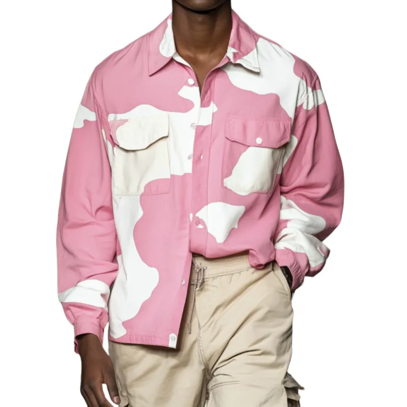 Men's Casual Contrast Print Lapel Loose Chest Pocket Long Sleeve Shirt 94657085M sold by Manly