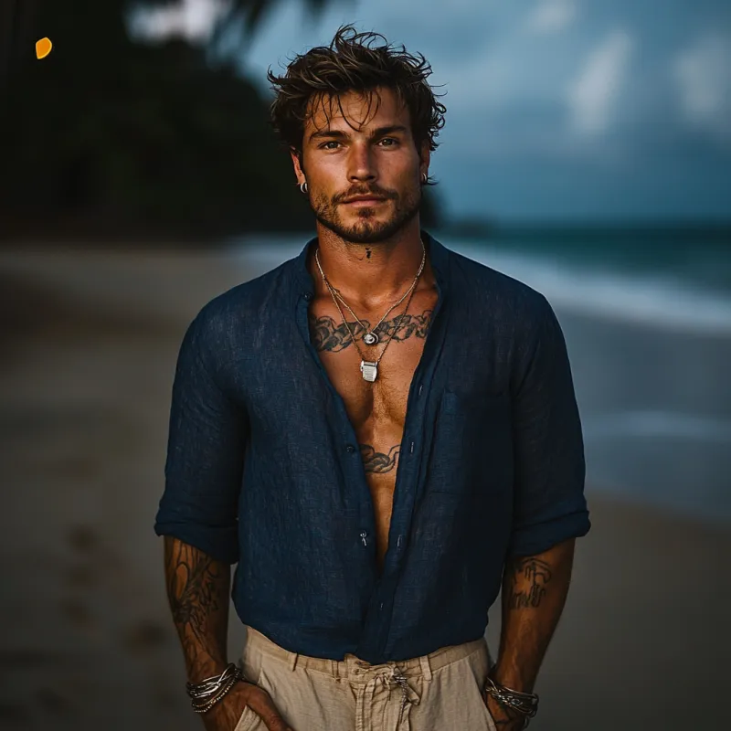 Men's Casual Linen Stand Collar Loose Long Sleeve Shirt 65758819M sold by Manly product image thumbnail 3