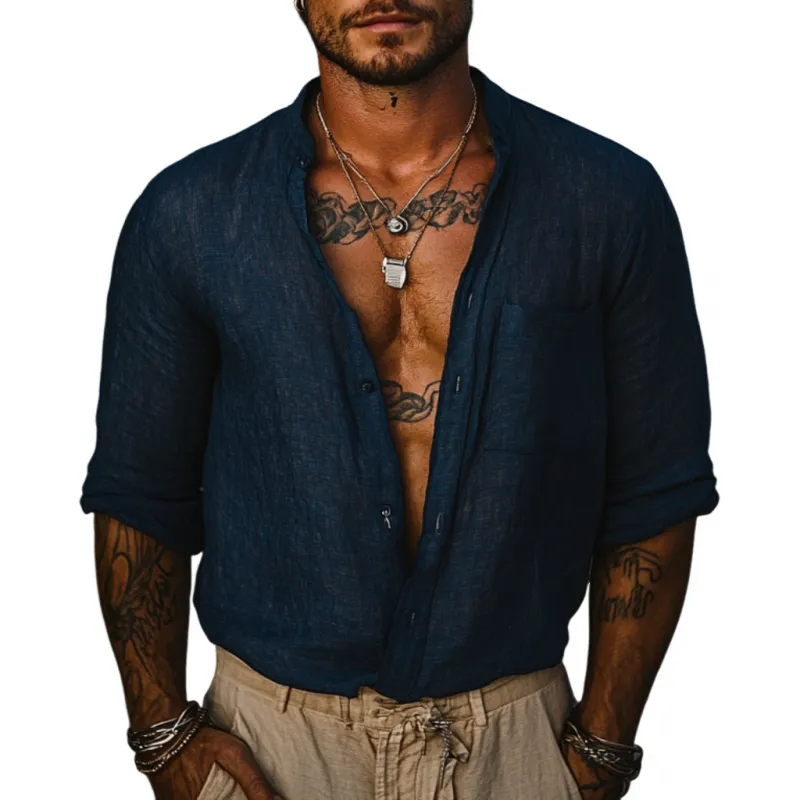 Men's Casual Linen Stand Collar Loose Long Sleeve Shirt 65758819M sold by Manly