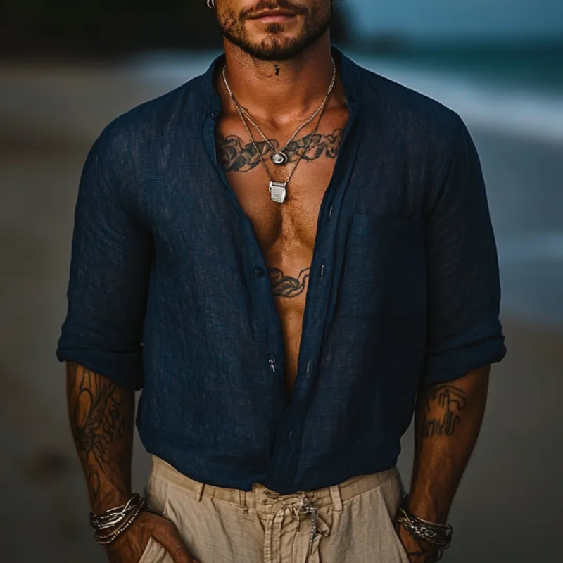 Men's Casual Linen Stand Collar Loose Long Sleeve Shirt 65758819M sold by Manly product image thumbnail 2