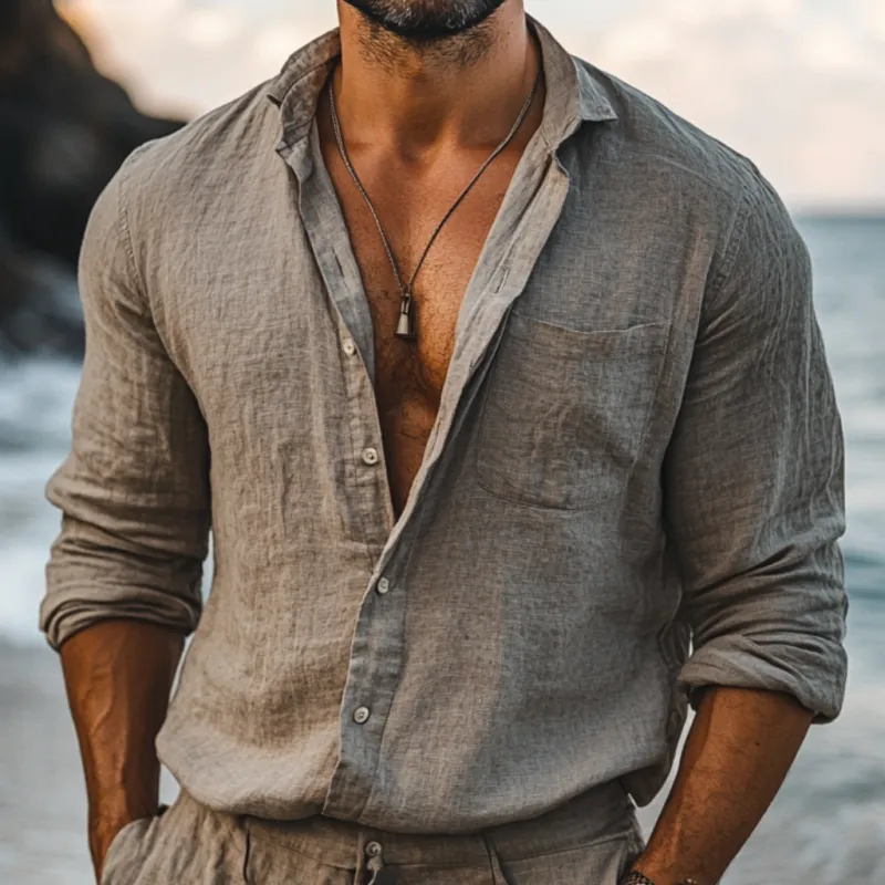 Men's Casual Lapel Cotton Linen Patch Pocket Loose Long Sleeve Shirt 76265333M sold by Manly product image thumbnail 3