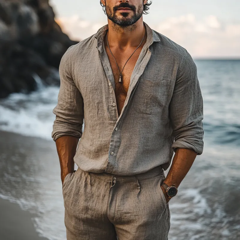 Men's Casual Lapel Cotton Linen Patch Pocket Loose Long Sleeve Shirt 76265333M sold by Manly product image thumbnail 2