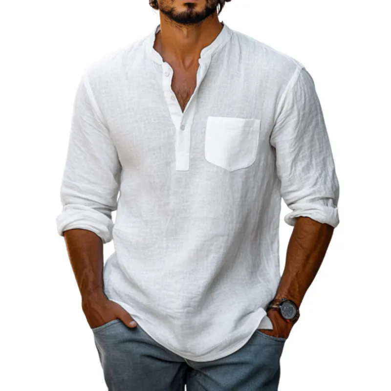 Men's Casual Cotton Linen Stand Collar Loose Long Sleeve Shirt 23953753M sold by Manly