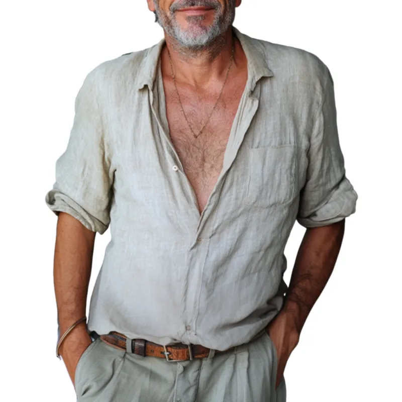 Men's Casual Solid Color Cotton Linen Lapel Loose Long Sleeve Shirt 55966861M sold by Manly