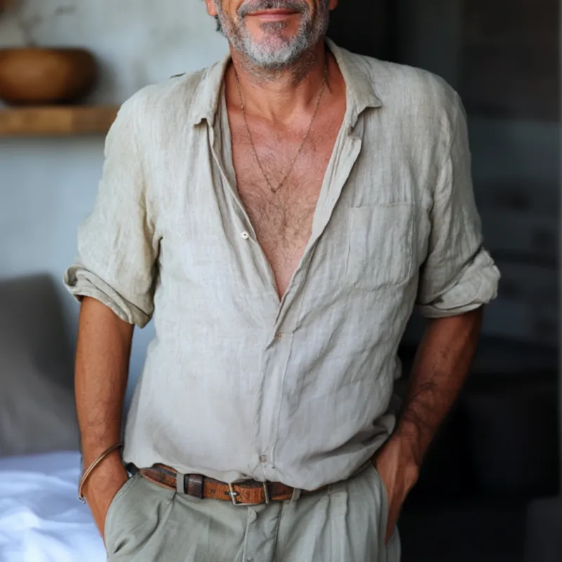 Men's Casual Solid Color Cotton Linen Lapel Loose Long Sleeve Shirt 55966861M sold by Manly product image thumbnail 2