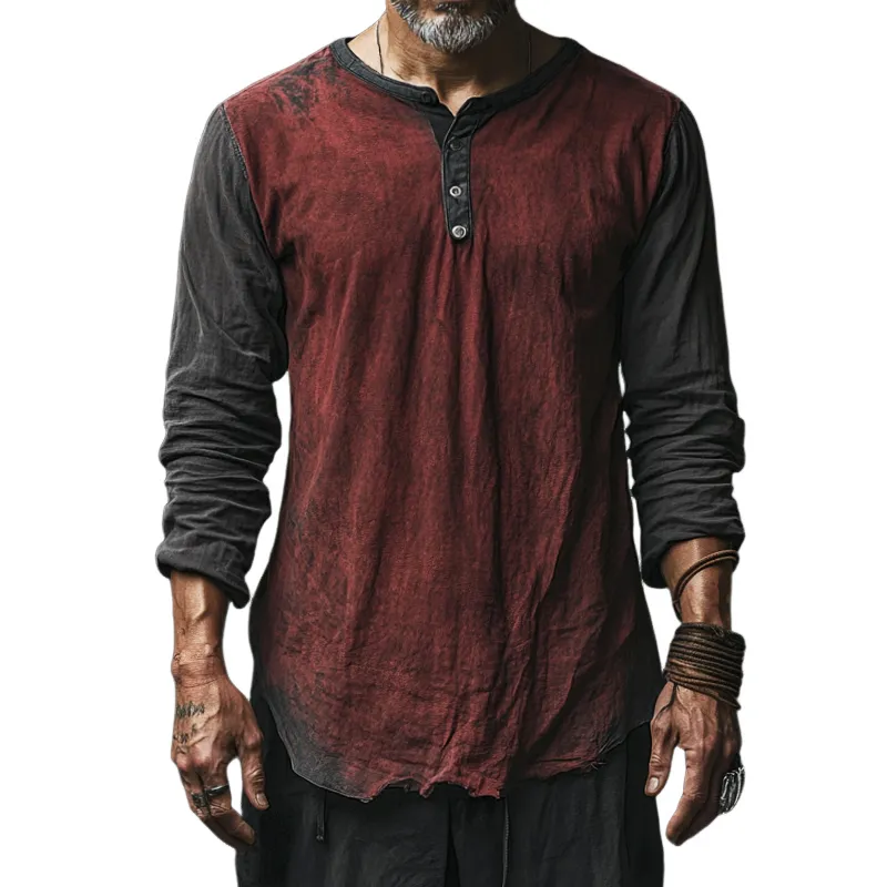 Men's Vintage Casual Distressed Henley Collar Long Sleeve Shirt 29271388TO sold by Manly