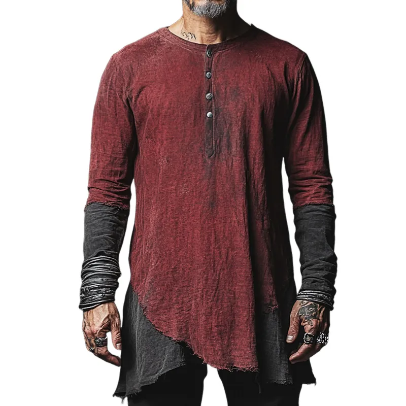 Men's Vintage Casual Distressed Henley Collar Long Sleeve Shirt 09361874TO sold by Manly
