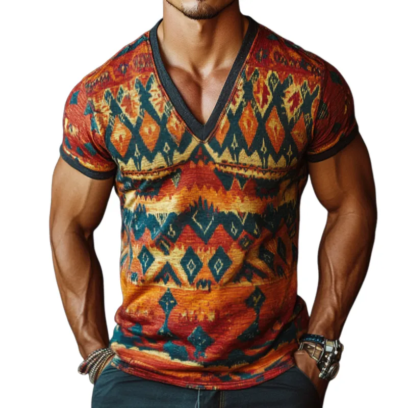 Men's Retro Casual Ethnic Style Geometric Print V-Neck Short Sleeve T-Shirt 79931796TO sold by Manly