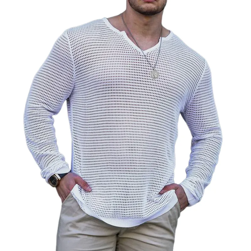 Men's Skin-friendly Mesh V-neck Knitted Long Sleeve T-shirt 91063740U sold by Manly