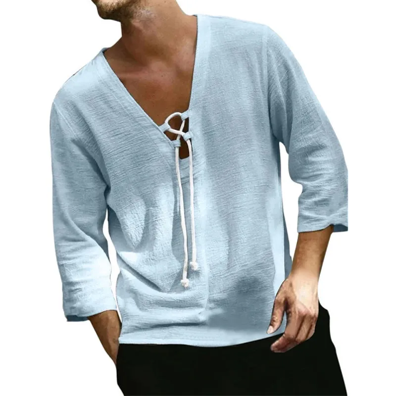 Men's Light Blue Ice Silk Wrinkled V-Neck Long Sleeve T-Shirt 28679955U sold by Manly