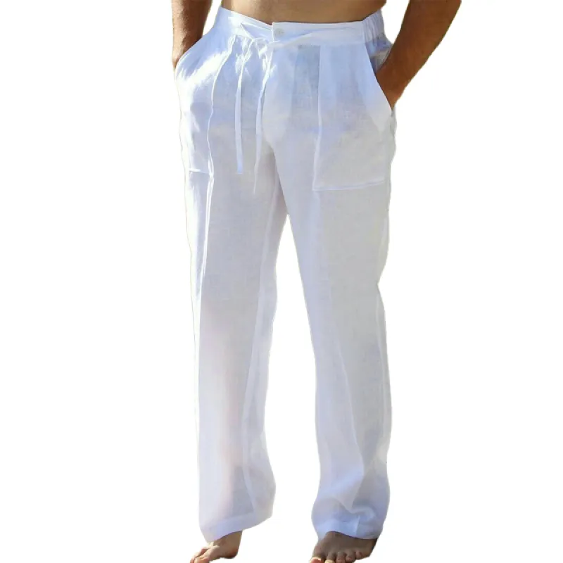 Men's White Linen Lace-Up Loose Casual Pants 73286584U sold by Manly