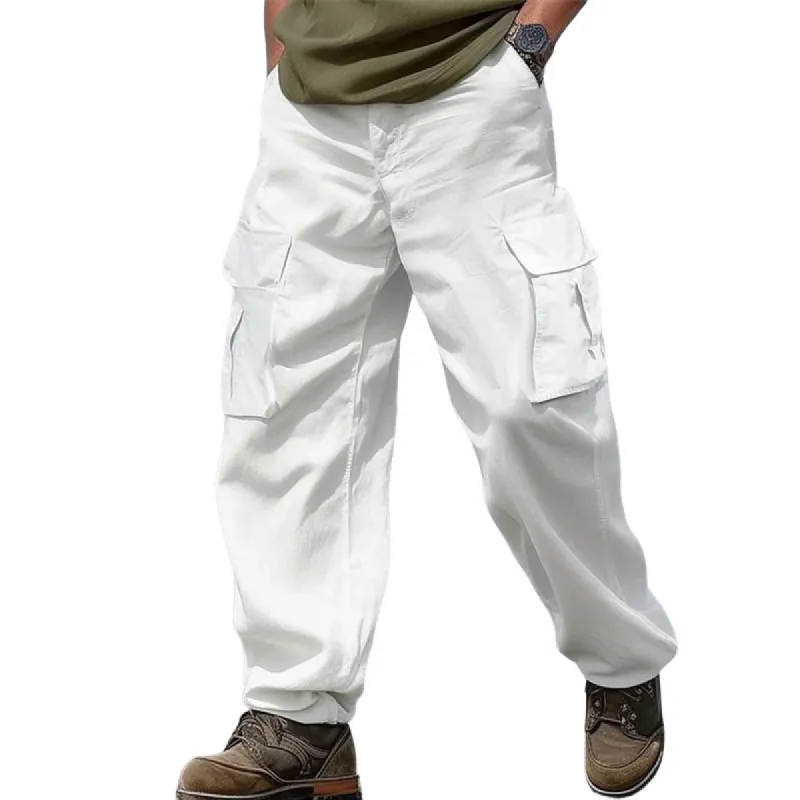 Men's Solid Color Loose Cotton And Linen Multi-pocket Cargo Pants 54705933Z sold by Manly