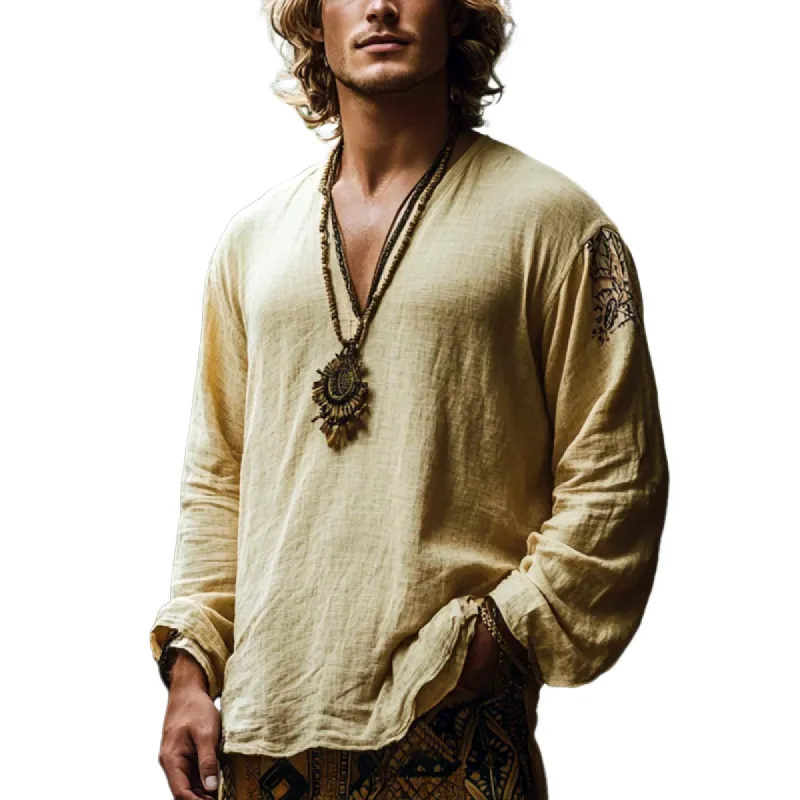 Men's Bohemian Print V Neck Long Sleeve Loose Fit Shirt 10839601Z sold by Manly
