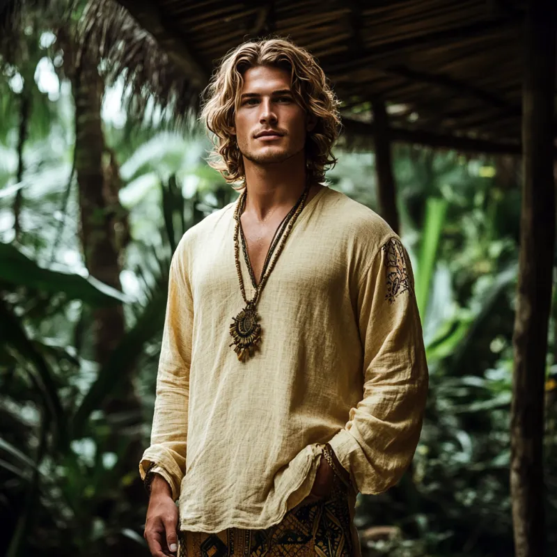 Men's Bohemian Print V Neck Long Sleeve Loose Fit Shirt 10839601Z sold by Manly product image thumbnail 3